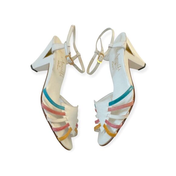 Vintage Amalfi Rangoni Sandals White Multi Strap Italy Block Heels, V-Cut Heels - Picture 4 of 11